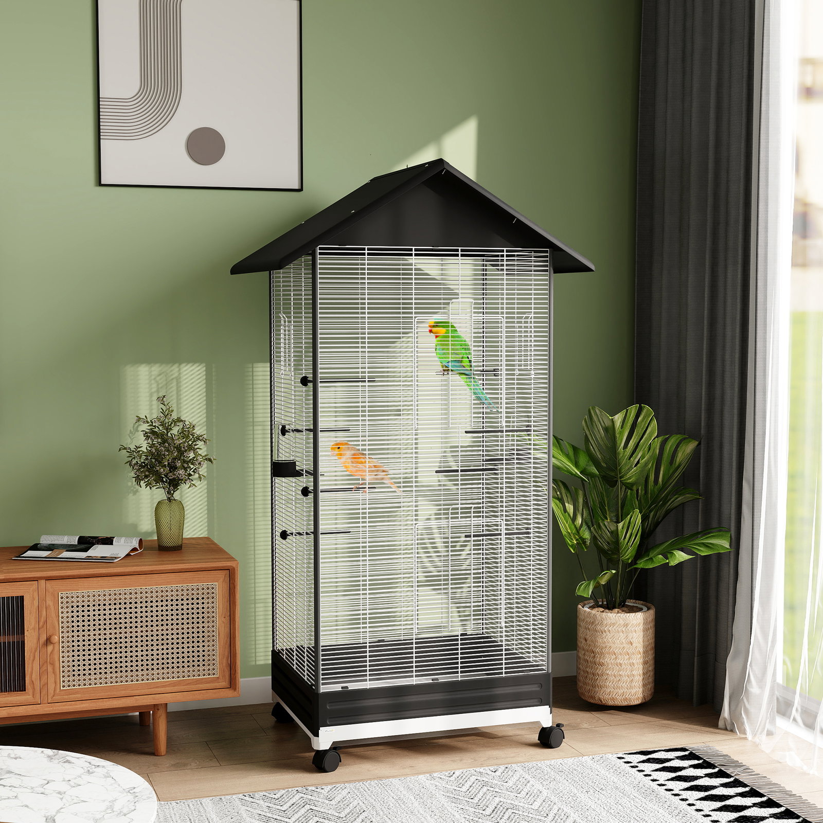 Gaiola para pássaros metálica com com rodas bandeja amovível 4 portas 2 comedouros e 8 poleiros 79x65x155 cm preto