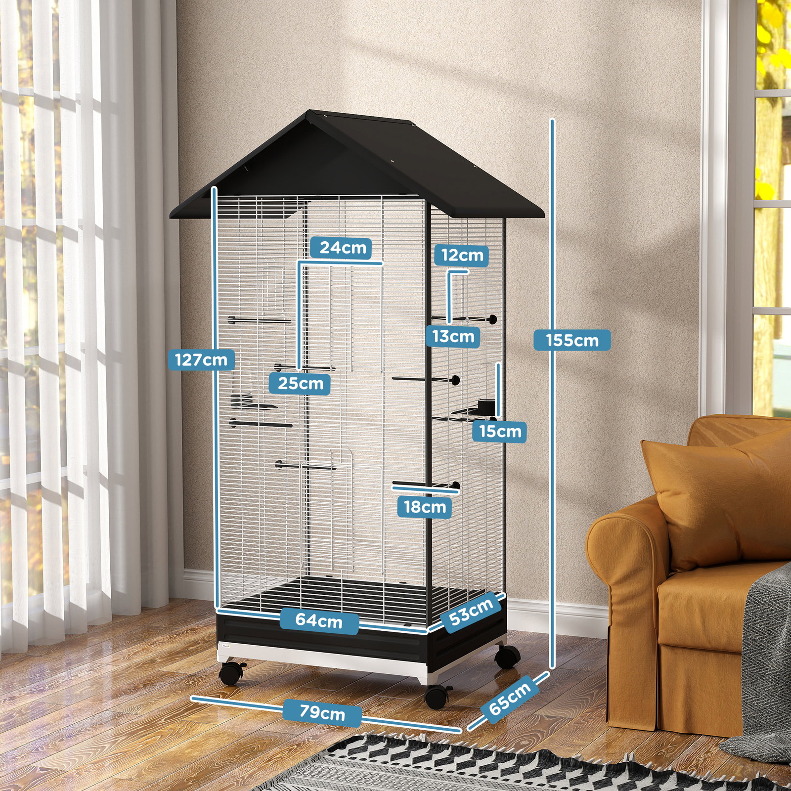 Gaiola para pássaros metálica com com rodas bandeja amovível 4 portas 2 comedouros e 8 poleiros 79x65x155 cm preto