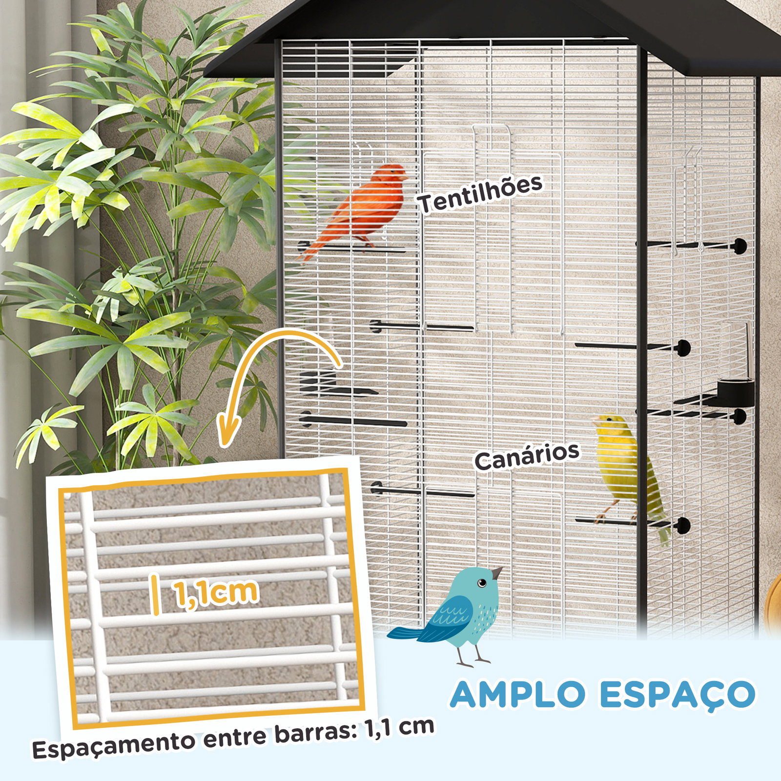 Gaiola para pássaros metálica com com rodas bandeja amovível 4 portas 2 comedouros e 8 poleiros 79x65x155 cm preto