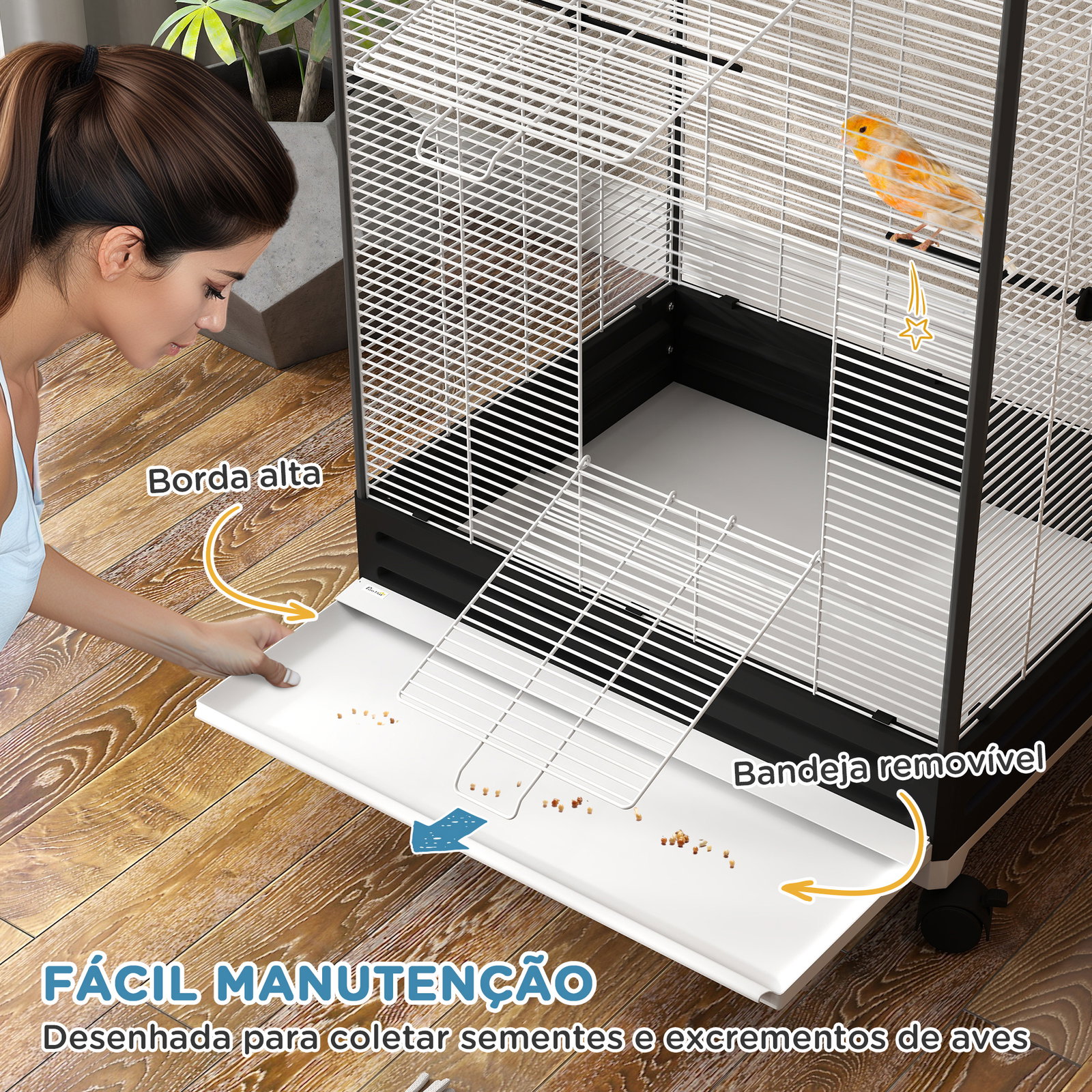 Gaiola para pássaros metálica com com rodas bandeja amovível 4 portas 2 comedouros e 8 poleiros 79x65x155 cm preto