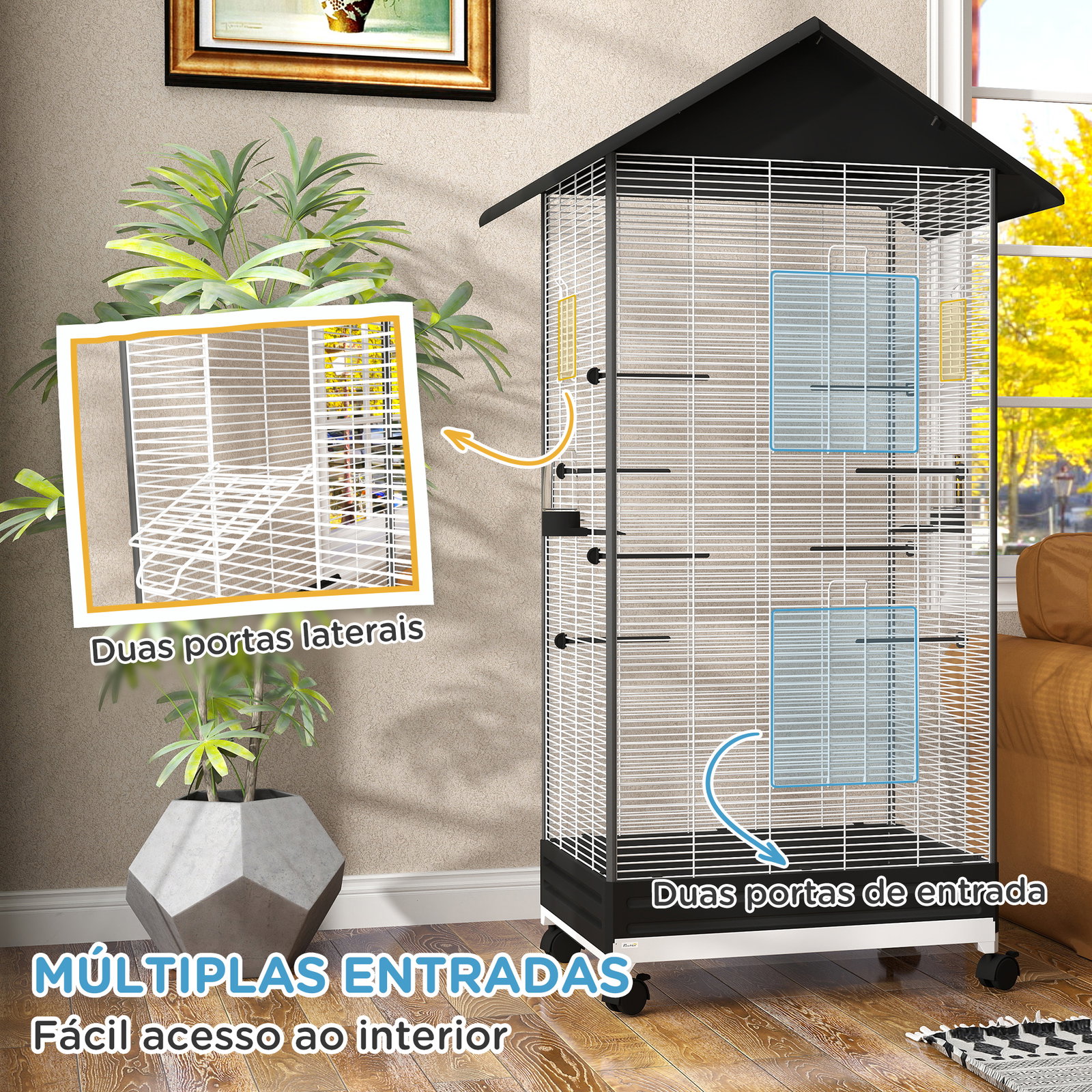 Gaiola para pássaros metálica com com rodas bandeja amovível 4 portas 2 comedouros e 8 poleiros 79x65x155 cm preto