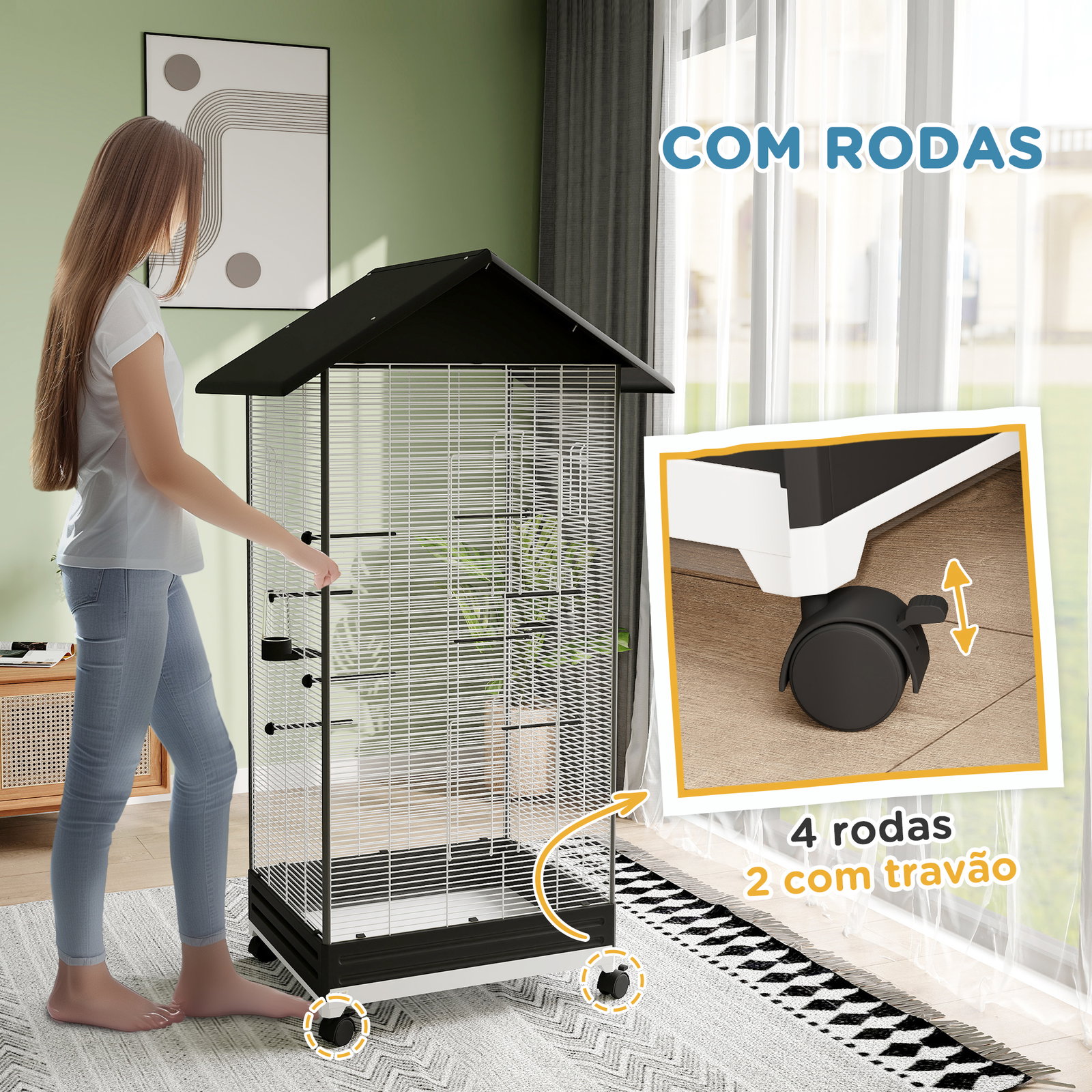 Gaiola para pássaros metálica com com rodas bandeja amovível 4 portas 2 comedouros e 8 poleiros 79x65x155 cm preto