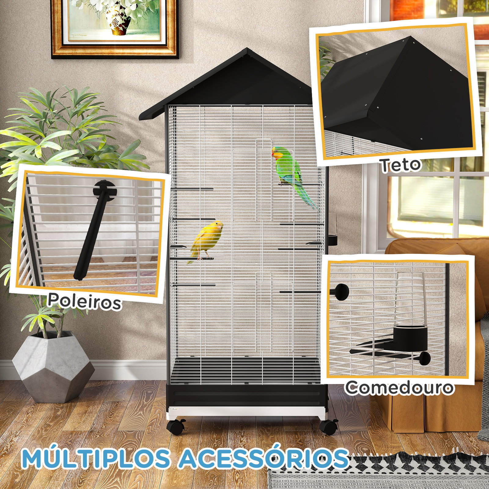 Gaiola para pássaros metálica com com rodas bandeja amovível 4 portas 2 comedouros e 8 poleiros 79x65x155 cm preto