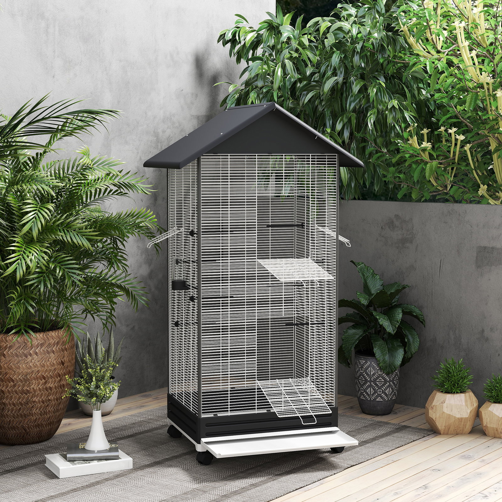 Gaiola para pássaros metálica com com rodas bandeja amovível 4 portas 2 comedouros e 8 poleiros 79x65x155 cm preto