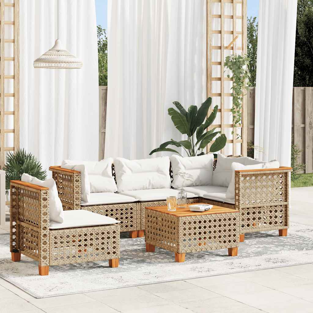 6 Pcs conjunto de sofás p/ jardim com almofadões vime PE bege