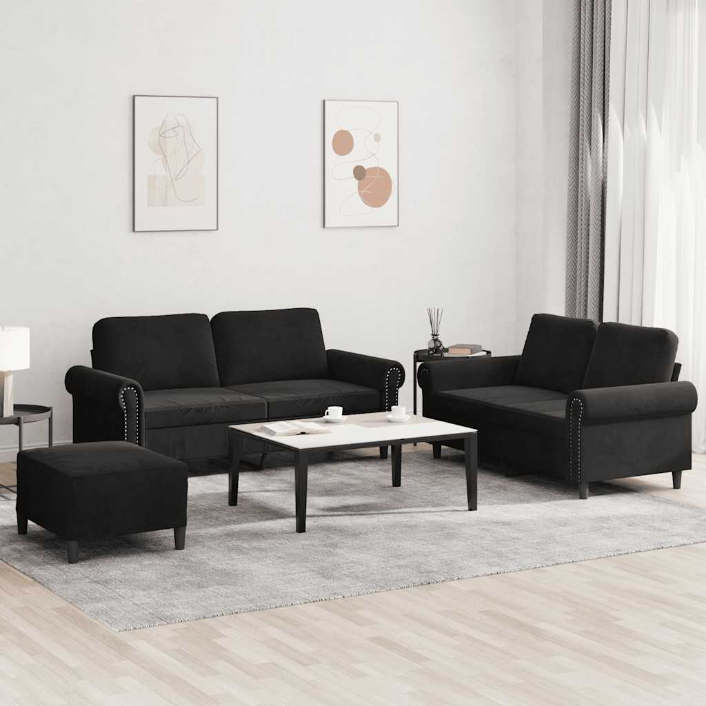 3 Pcs conjunto de sofás com almofadões veludo preto