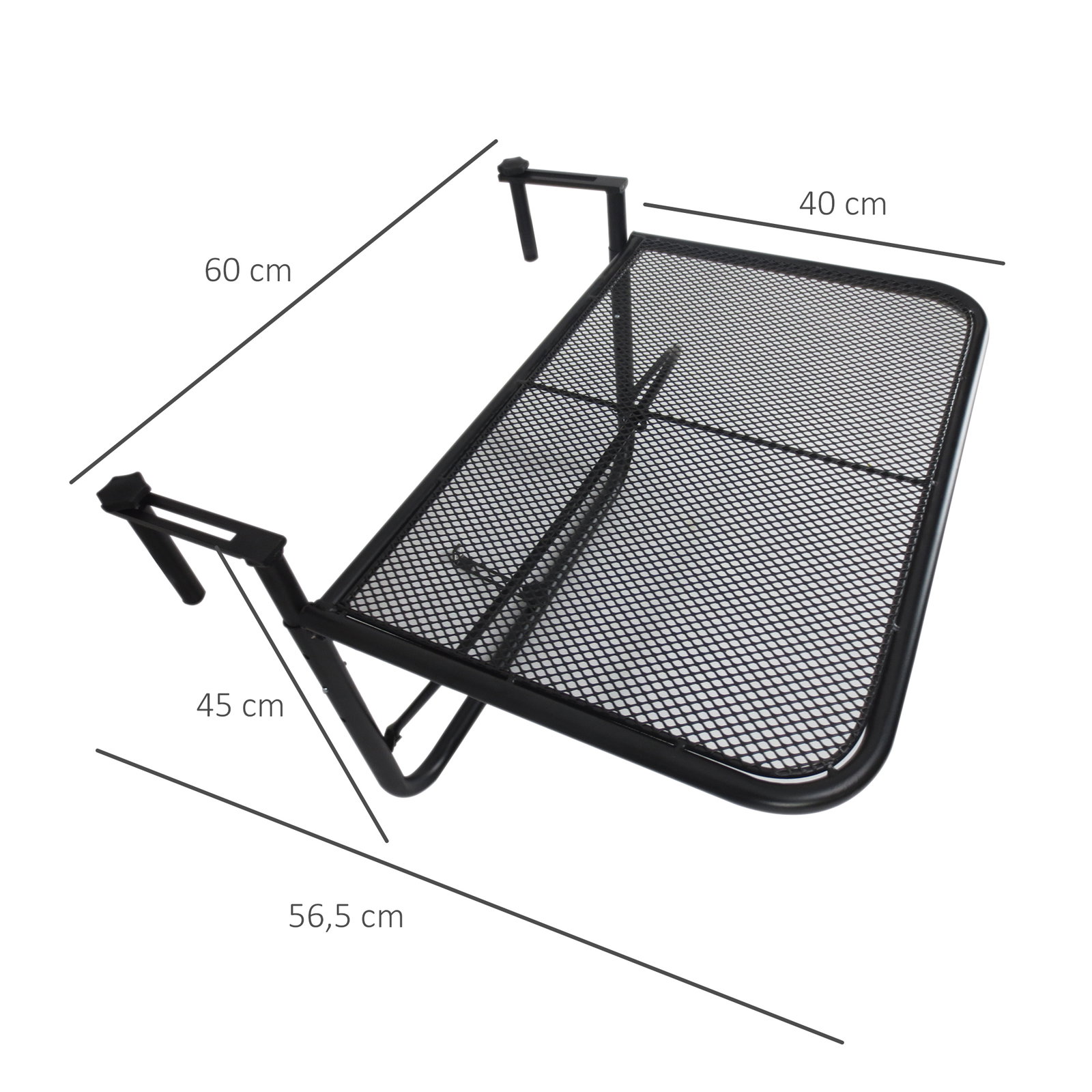 Mesa suspensa para varanda com braço regulável e altura ajustável em 3 posições estrutura de metal 60x56,5x45 cm preto