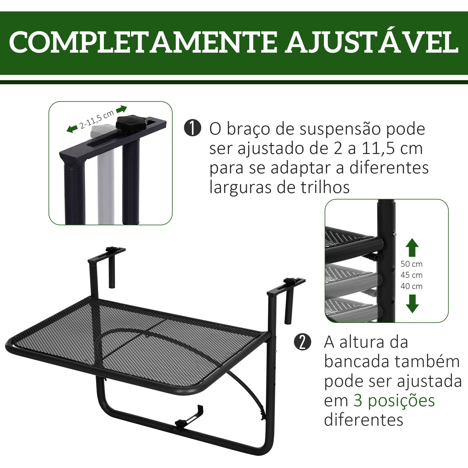 Mesa suspensa para varanda com braço regulável e altura ajustável em 3 posições estrutura de metal 60x56,5x45 cm preto