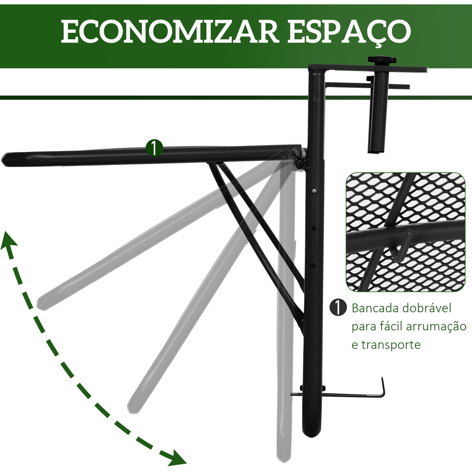 Mesa suspensa para varanda com braço regulável e altura ajustável em 3 posições estrutura de metal 60x56,5x45 cm preto