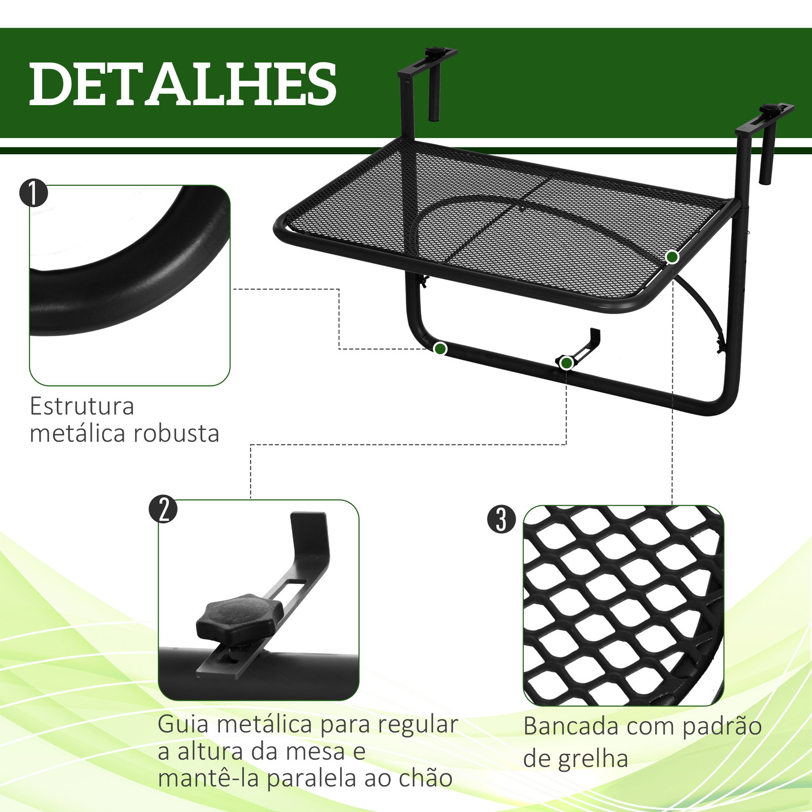 Mesa suspensa para varanda com braço regulável e altura ajustável em 3 posições estrutura de metal 60x56,5x45 cm preto