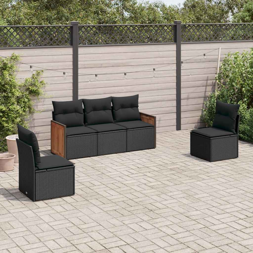 5 Pcs conjunto sofás de jardim com almofadões vime PE preto