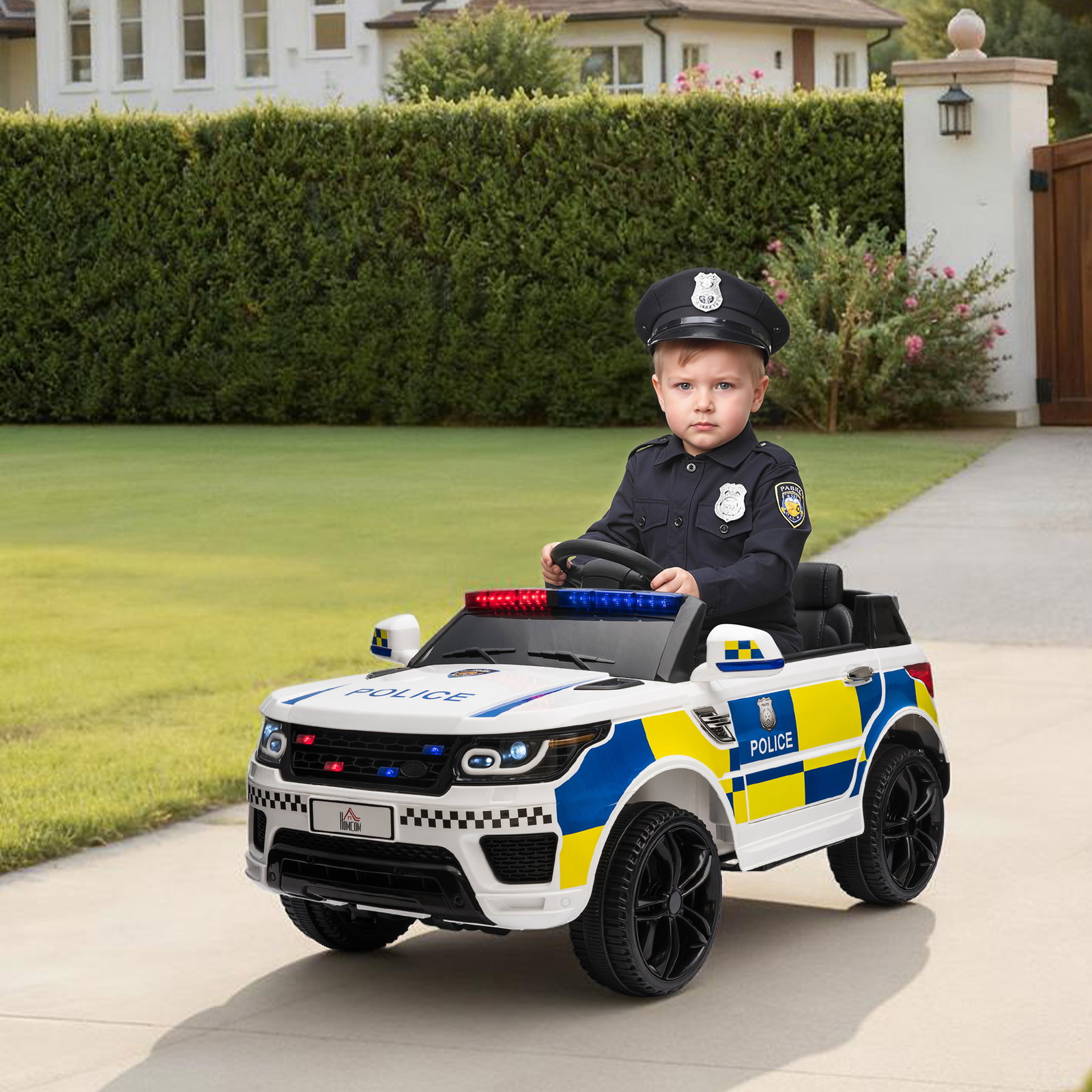 Carro Elétrico para Crianças Carro Elétrico Infantil de Policia 12V com Bluetooth USB Luz Sirene 110x68x52 cm Branco