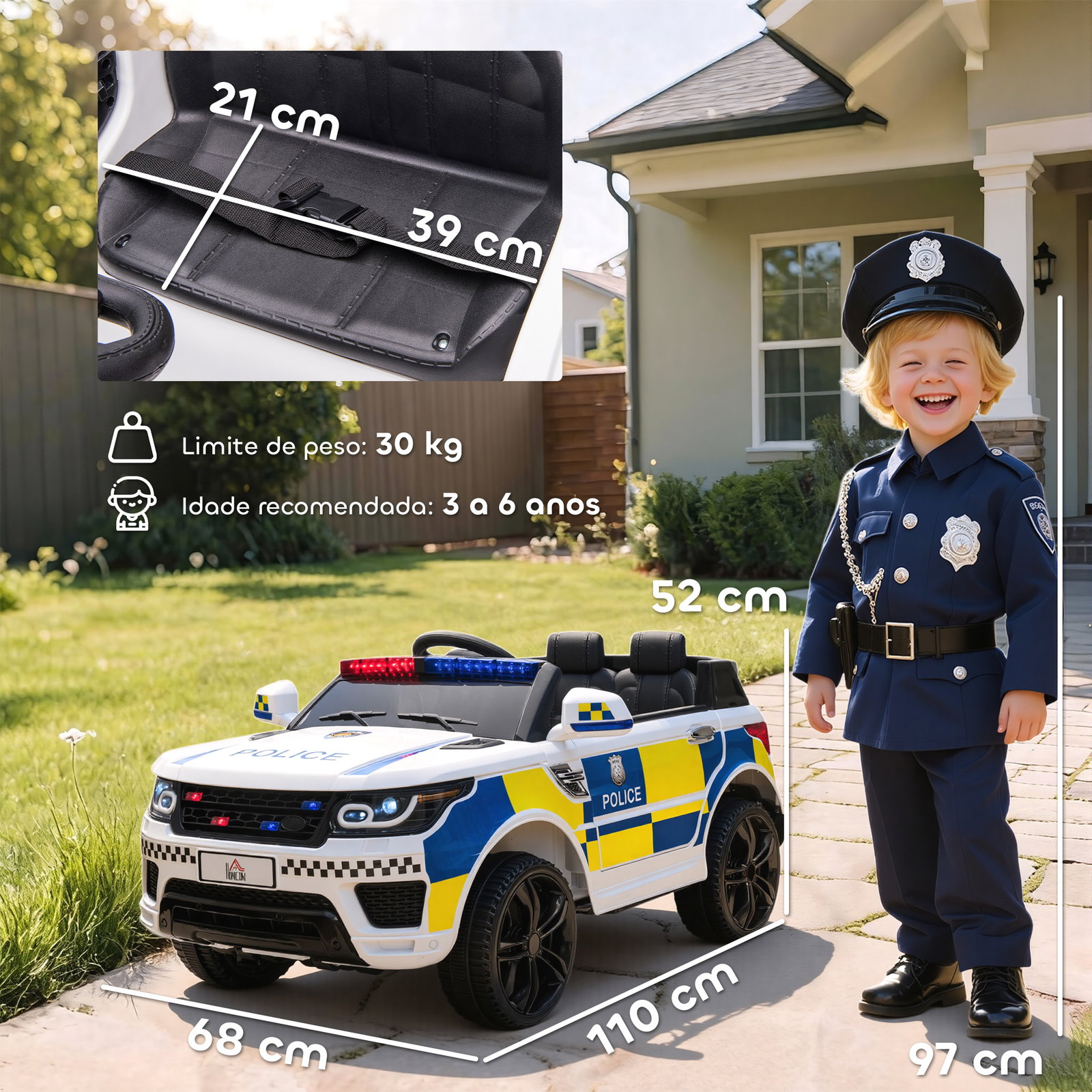 Carro Elétrico para Crianças Carro Elétrico Infantil de Policia 12V com Bluetooth USB Luz Sirene 110x68x52 cm Branco