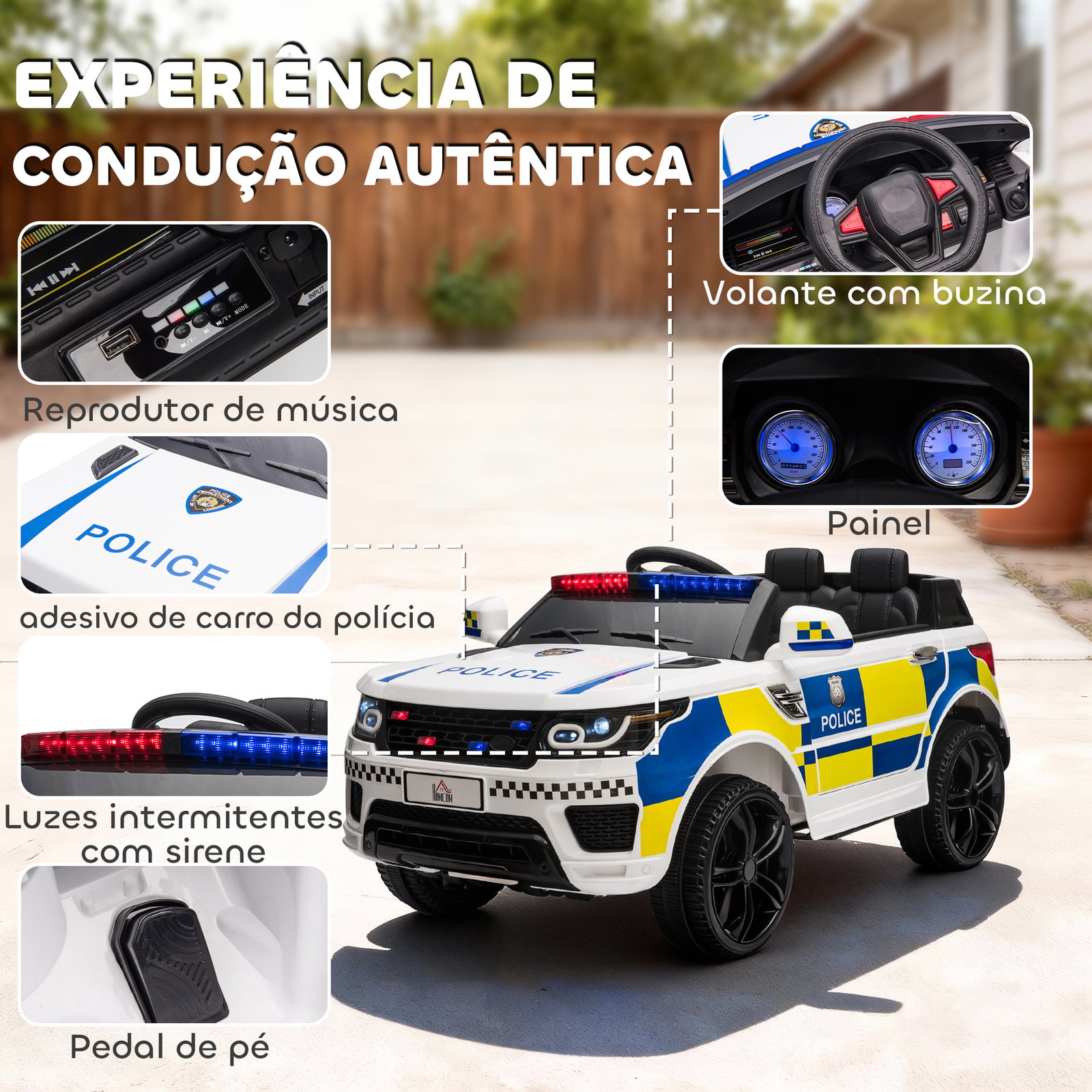 Carro Elétrico para Crianças Carro Elétrico Infantil de Policia 12V com Bluetooth USB Luz Sirene 110x68x52 cm Branco