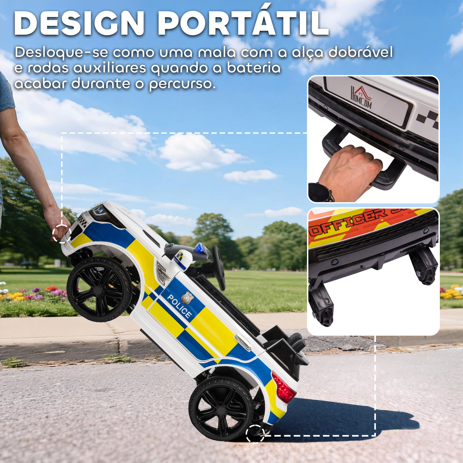Carro Elétrico para Crianças Carro Elétrico Infantil de Policia 12V com Bluetooth USB Luz Sirene 110x68x52 cm Branco