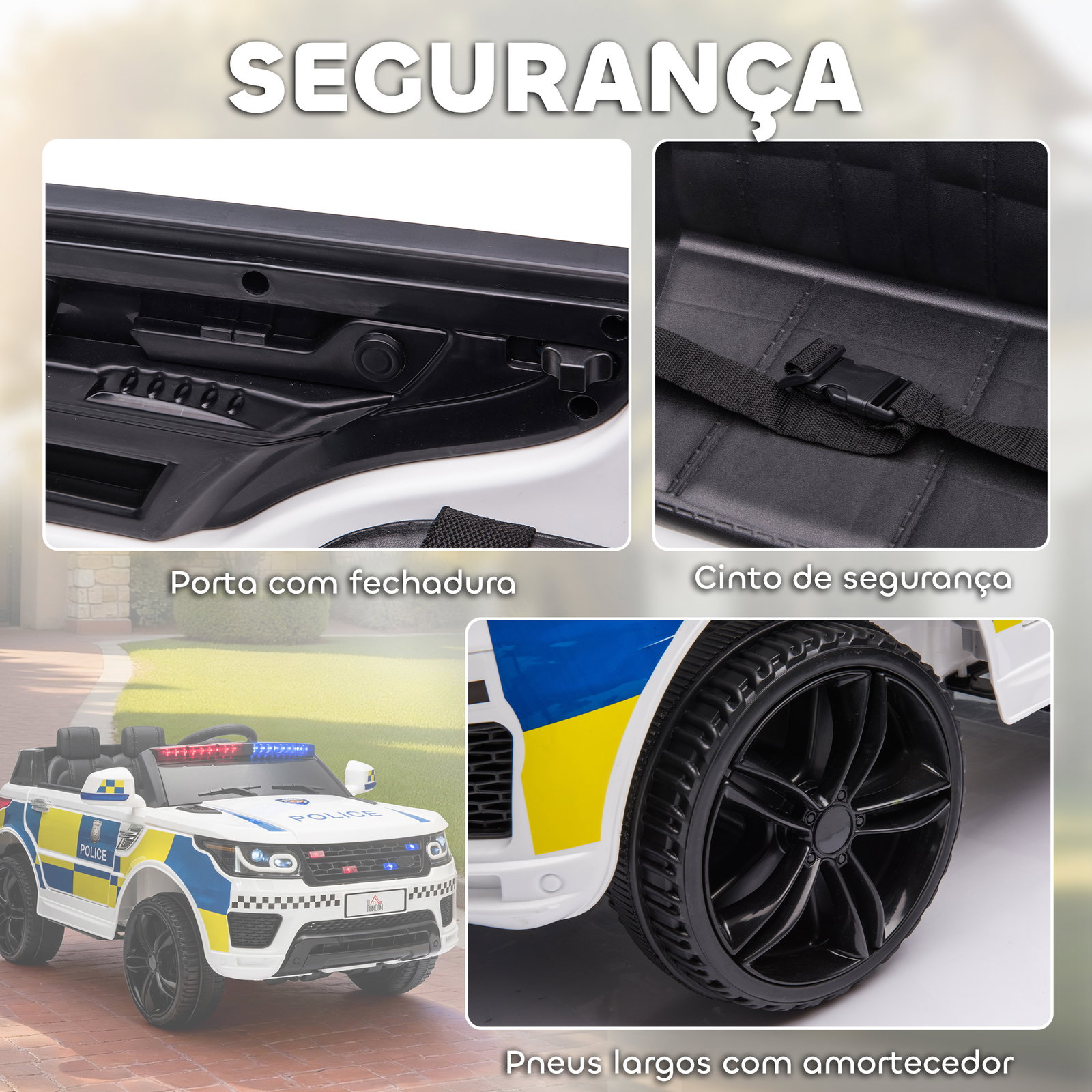 Carro Elétrico para Crianças Carro Elétrico Infantil de Policia 12V com Bluetooth USB Luz Sirene 110x68x52 cm Branco