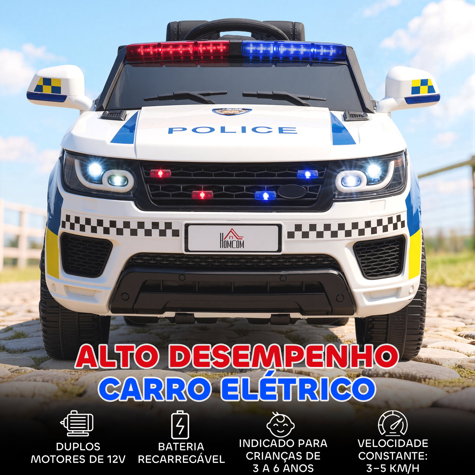 Carro Elétrico para Crianças Carro Elétrico Infantil de Policia 12V com Bluetooth USB Luz Sirene 110x68x52 cm Branco