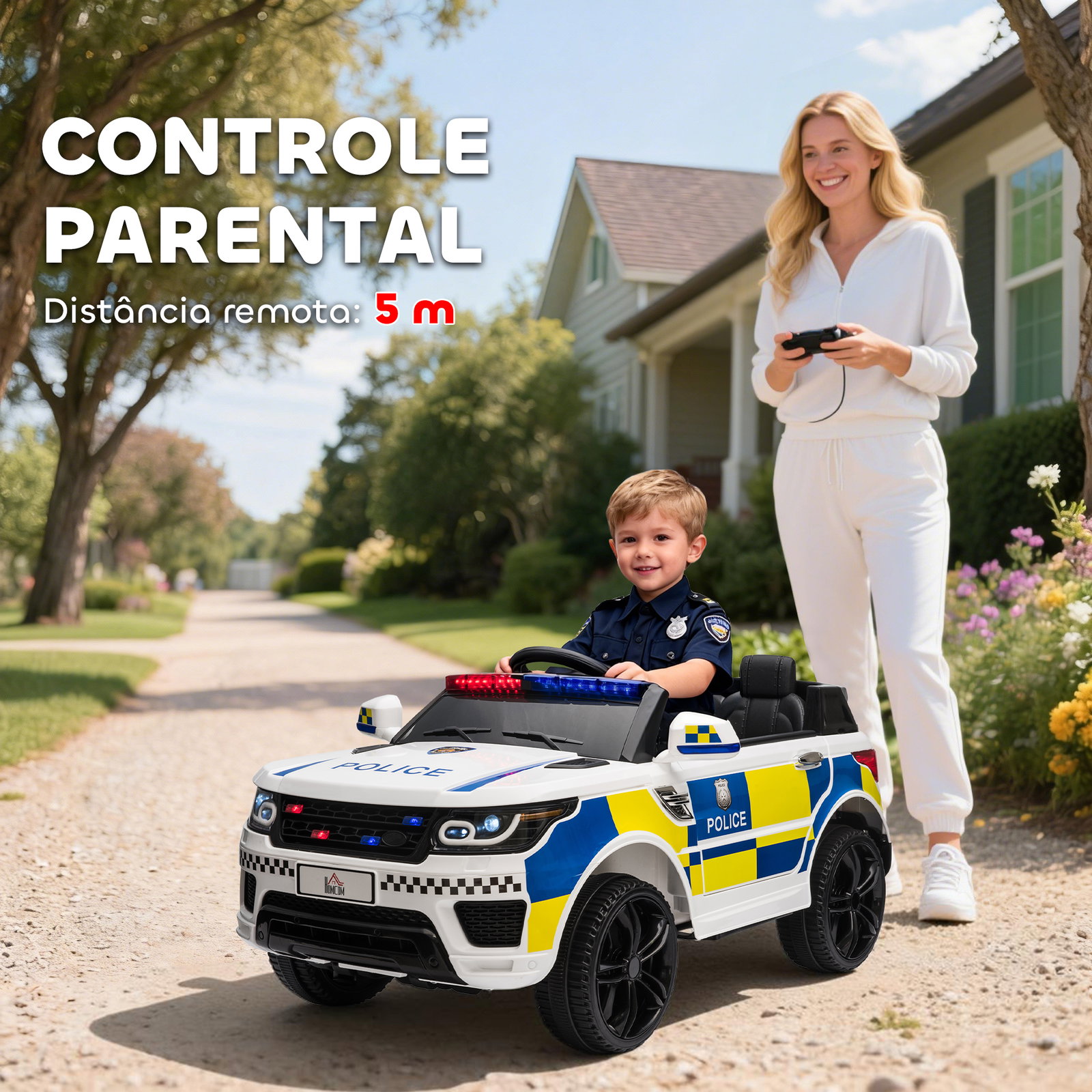 Carro Elétrico para Crianças Carro Elétrico Infantil de Policia 12V com Bluetooth USB Luz Sirene 110x68x52 cm Branco