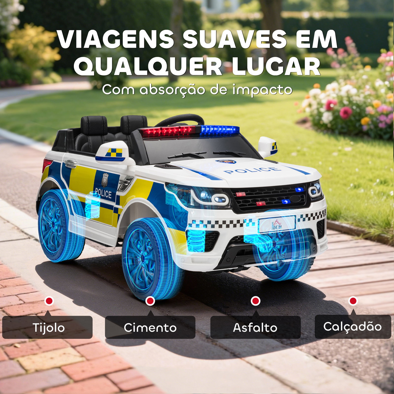 Carro Elétrico para Crianças Carro Elétrico Infantil de Policia 12V com Bluetooth USB Luz Sirene 110x68x52 cm Branco