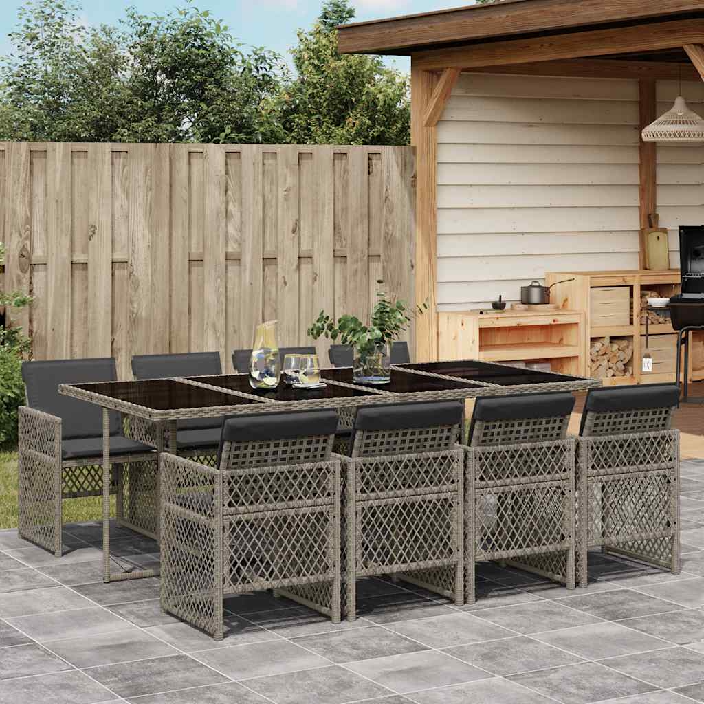 9 Pcs conjunto de jantar p/ jardim c/ almofadões vime PE cinza