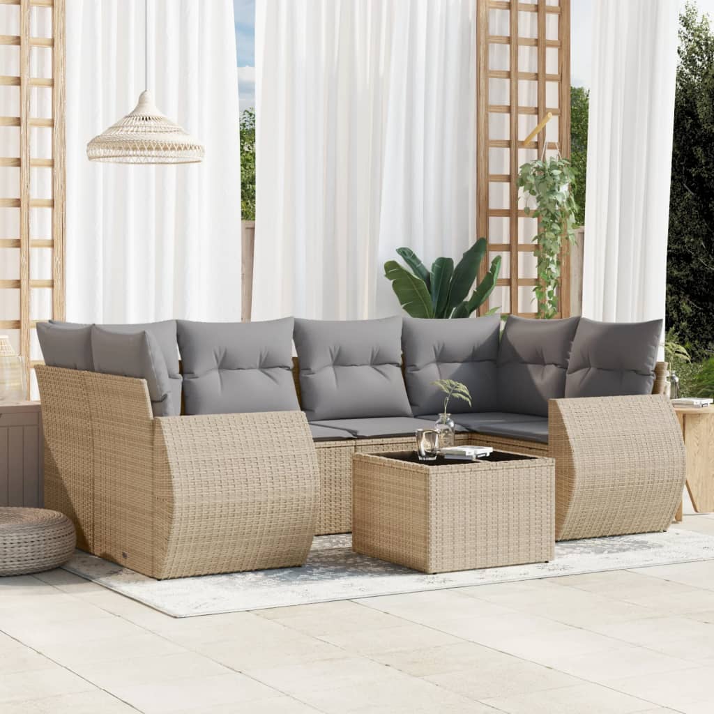 7 Pcs conjunto de sofás p/ jardim com almofadões vime PE bege