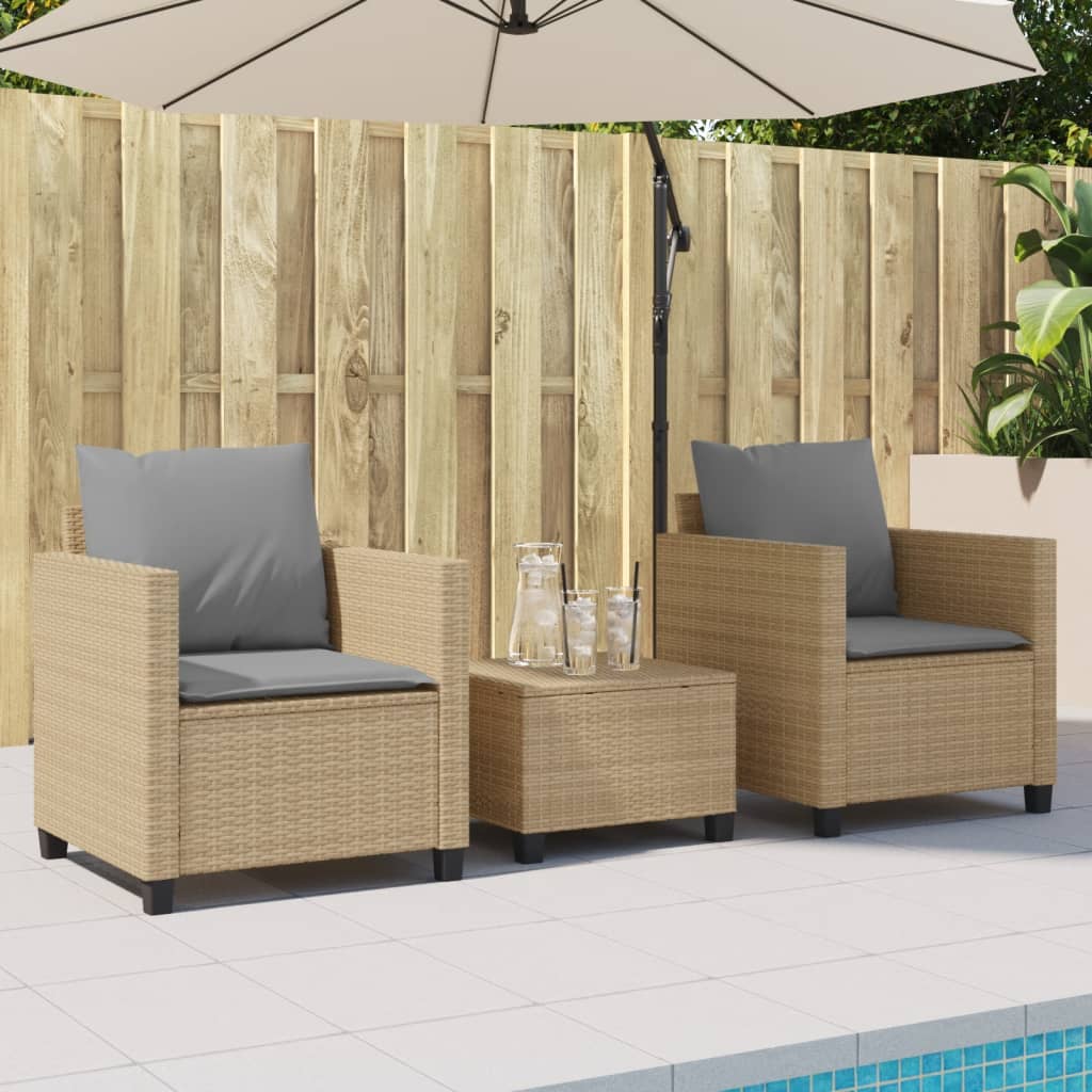 3 Pcs conjunto bistrô com almofadões vime PE bege