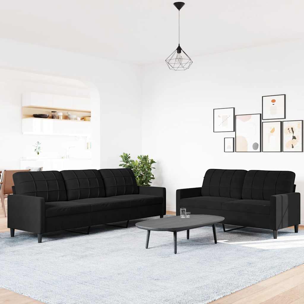 2 Pcs conjunto de sofás com almofadões veludo preto