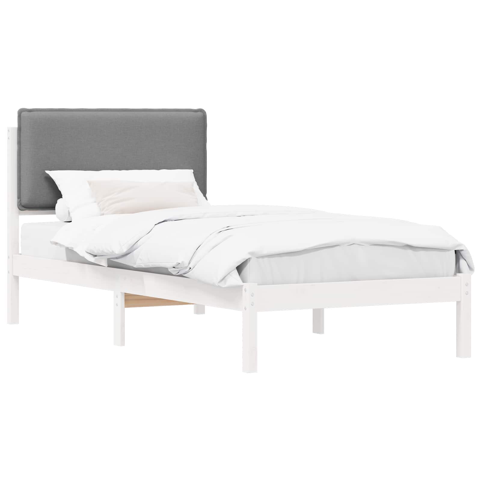 Estrutura de cama com cabeceira estofada cinzento-claro