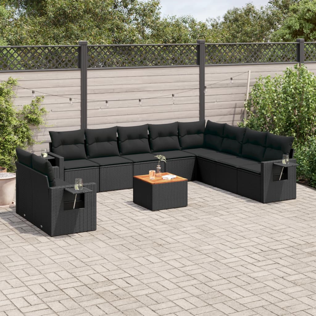 11 Pcs conjunto sofás de jardim c/ almofadões vime PE preto