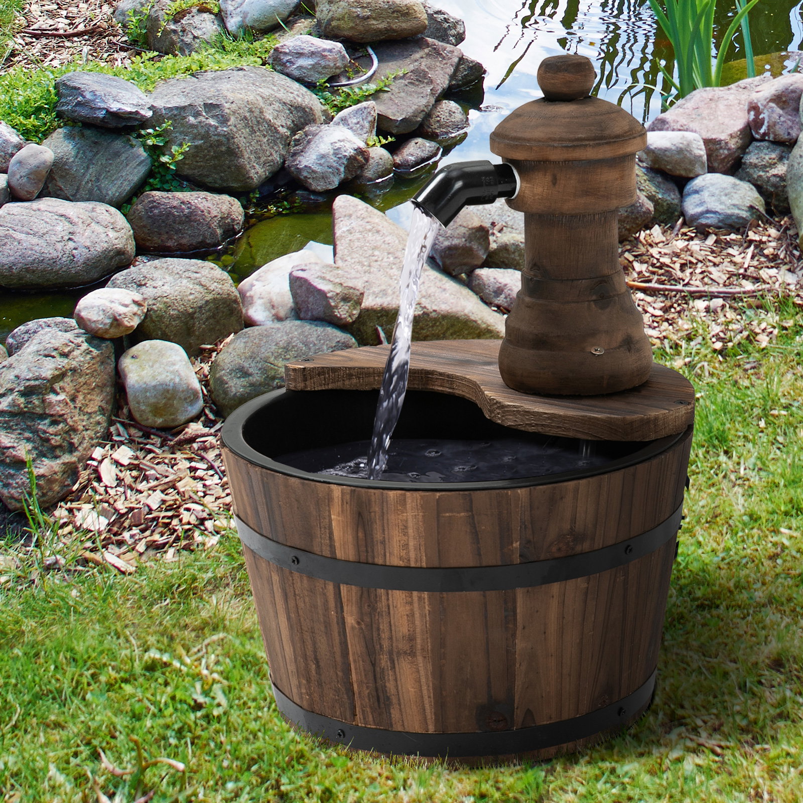 Fonte de Água de Madeira Fonte de Jardim em Cascata com Bomba Elétrica e Saída de Água Ajustável para Decoração 27x27x37 cm Made