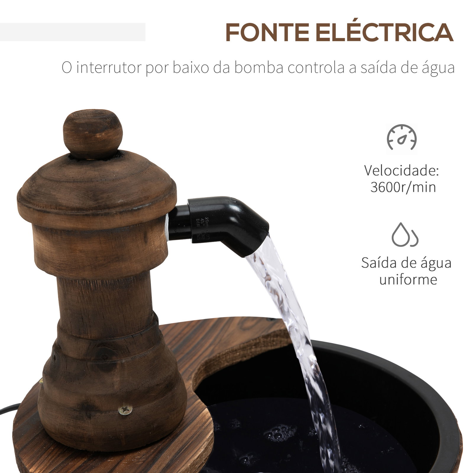 Fonte de Água de Madeira Fonte de Jardim em Cascata com Bomba Elétrica e Saída de Água Ajustável para Decoração 27x27x37 cm Made