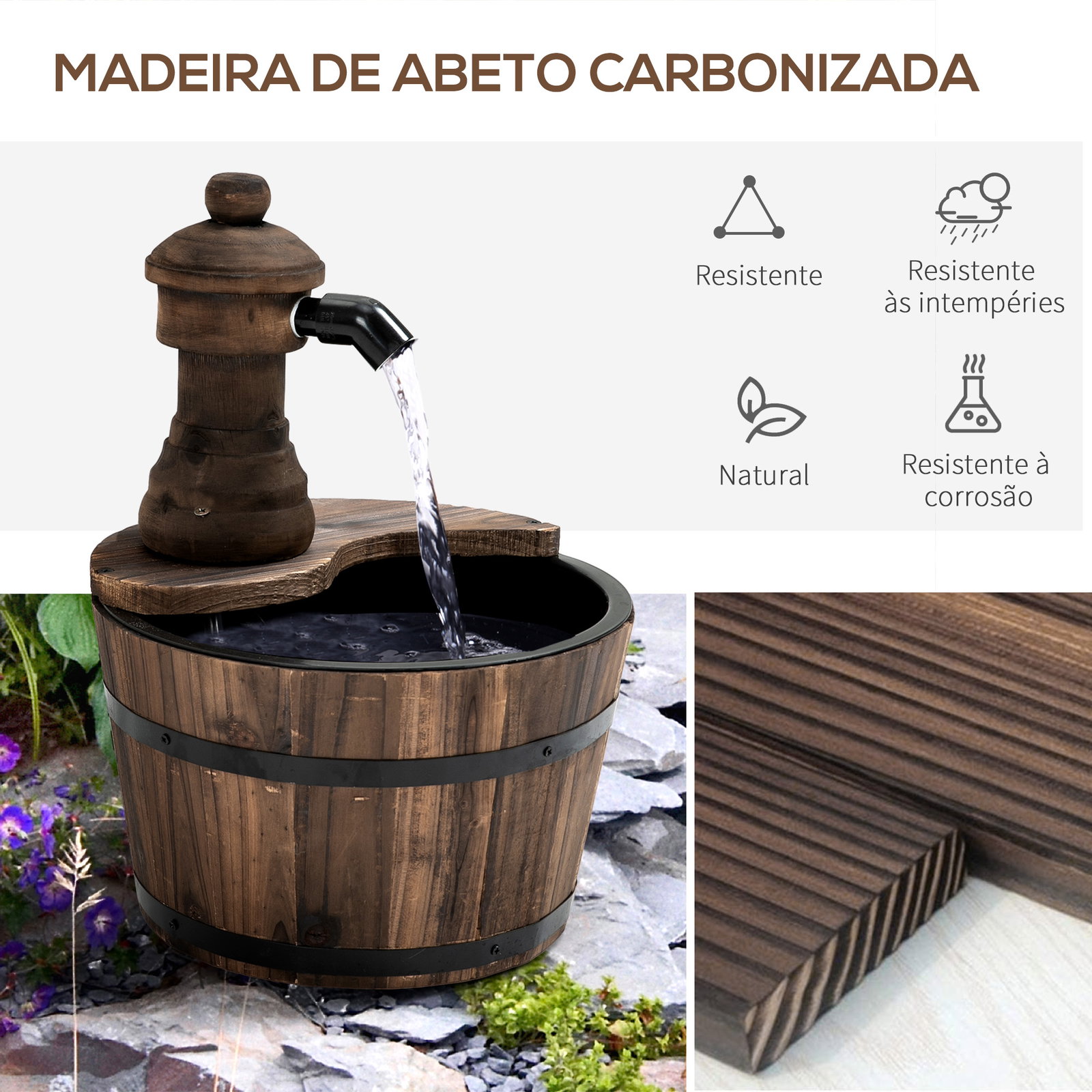 Fonte de Água de Madeira Fonte de Jardim em Cascata com Bomba Elétrica e Saída de Água Ajustável para Decoração 27x27x37 cm Made