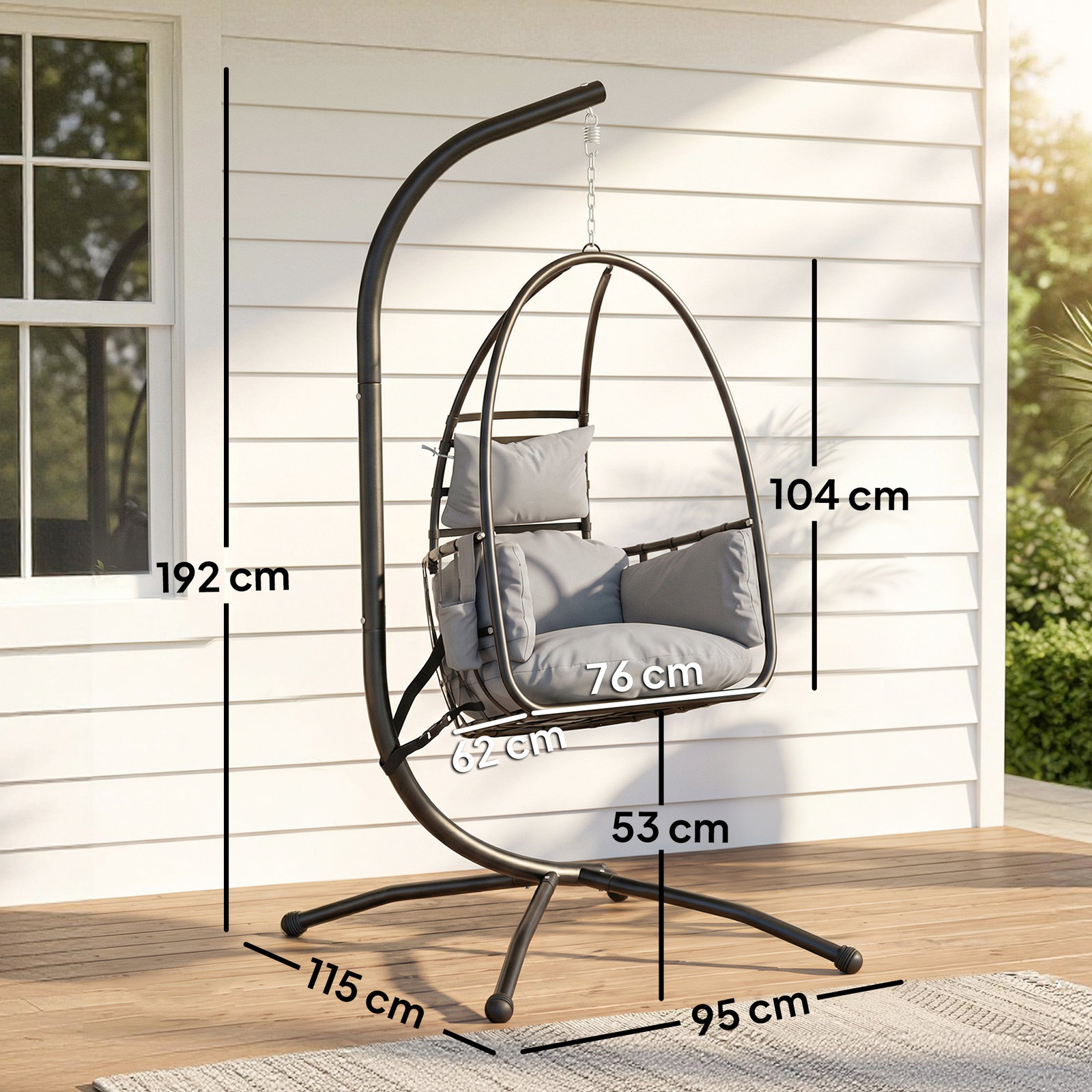 Cadeira suspensa tipo ovo com suporte cesto dobrável apoio de cabeça almofada bolso lateral capacidade 120 kg cinzento escuro