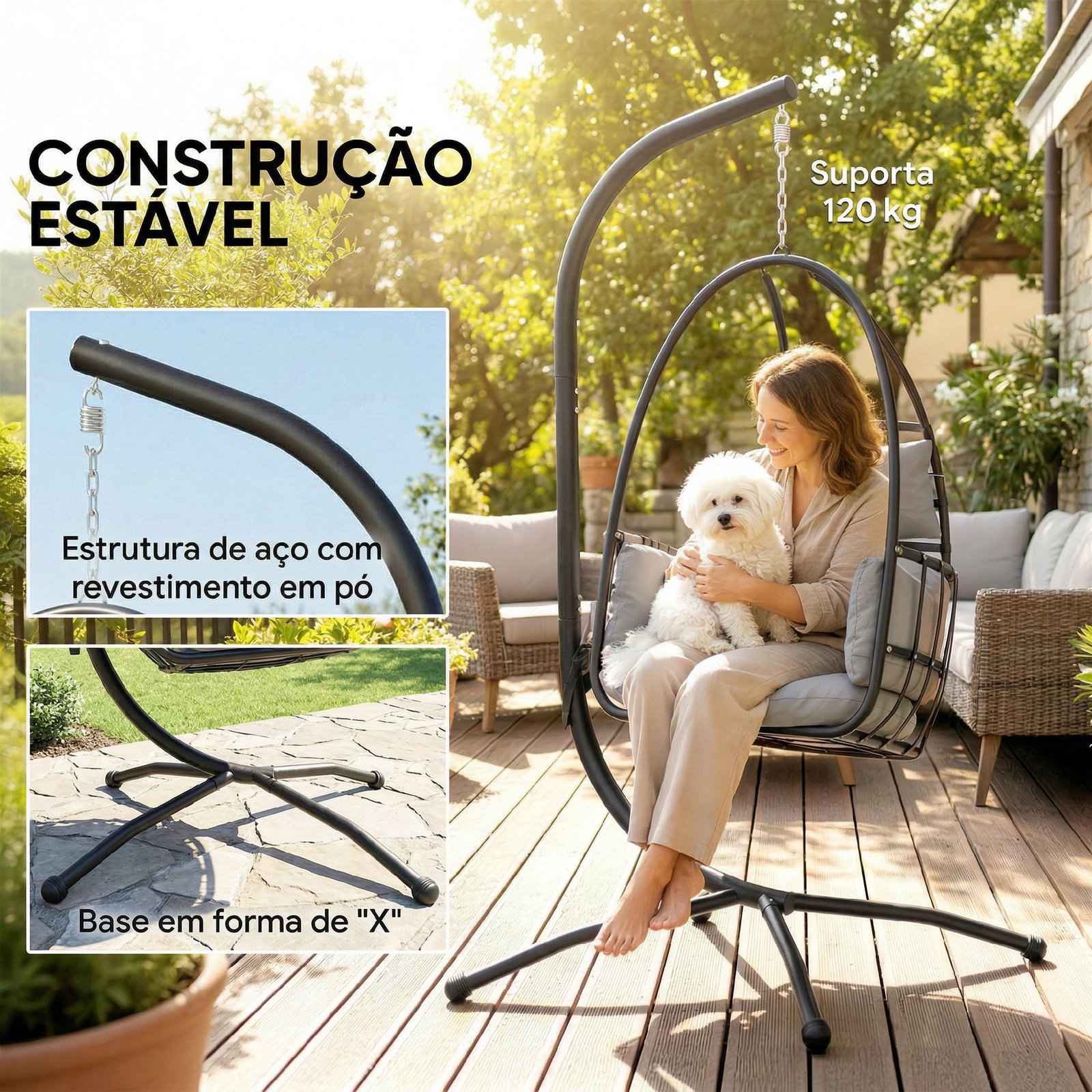 Cadeira suspensa tipo ovo com suporte cesto dobrável apoio de cabeça almofada bolso lateral capacidade 120 kg cinzento escuro