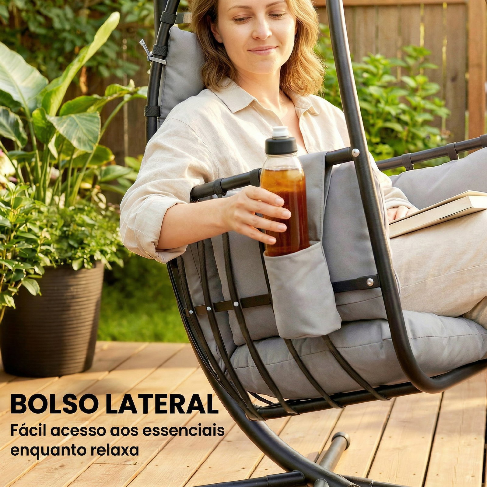 Cadeira suspensa tipo ovo com suporte cesto dobrável apoio de cabeça almofada bolso lateral capacidade 120 kg cinzento escuro