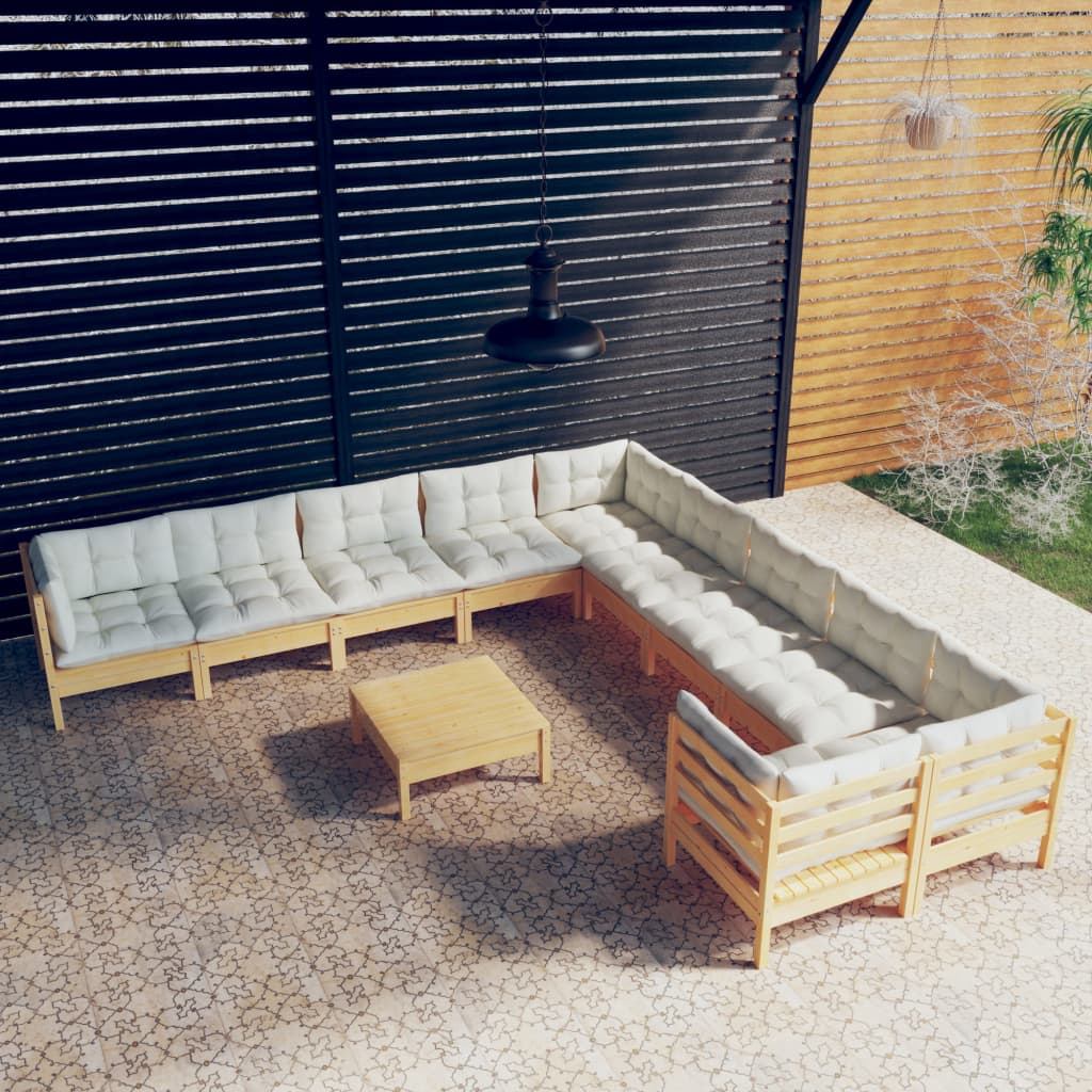 11 Pcs conjunto lounge de jardim c/ almofadões cor creme pinho