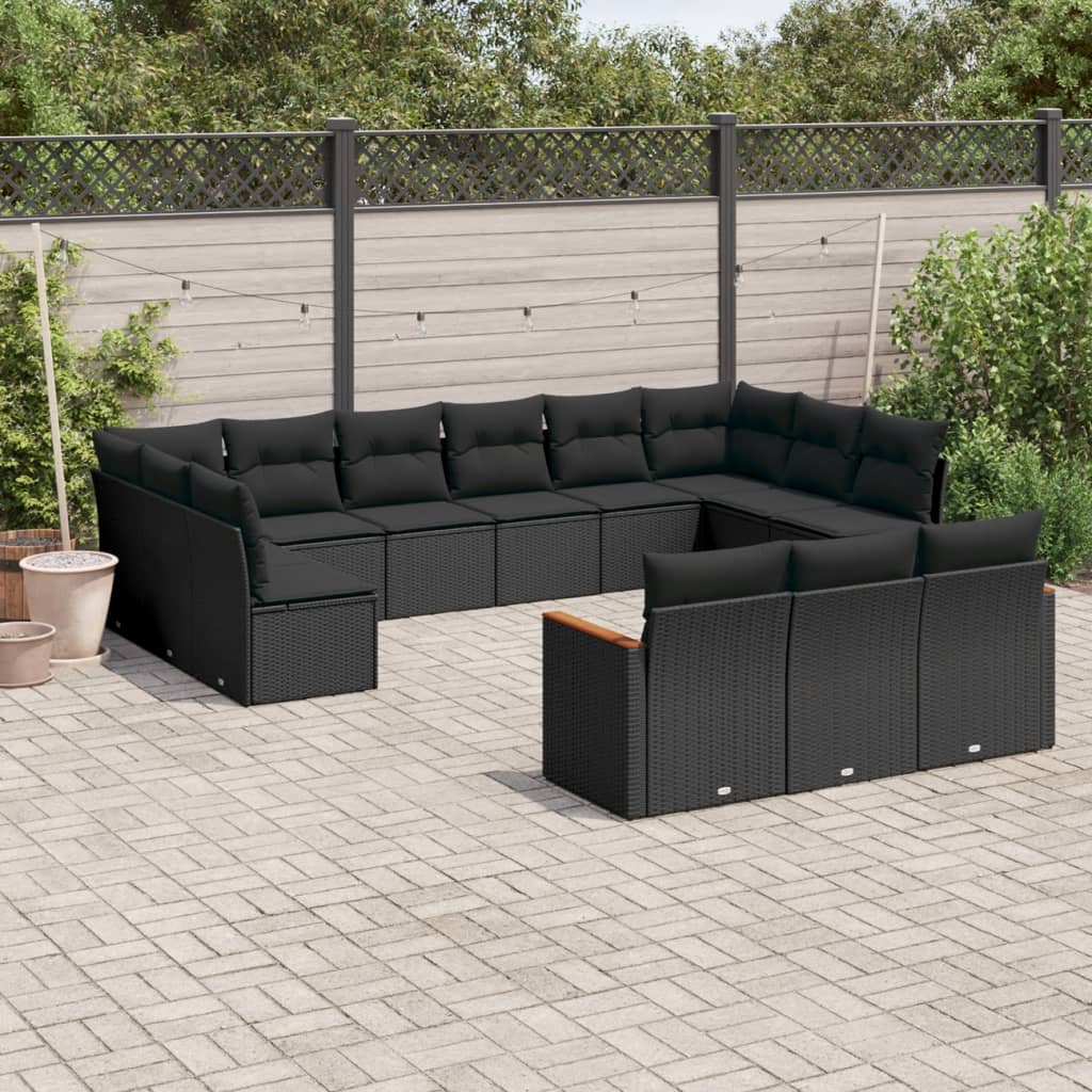 13 Pcs conjunto de sofás de jardim com almofadões vime PE preto