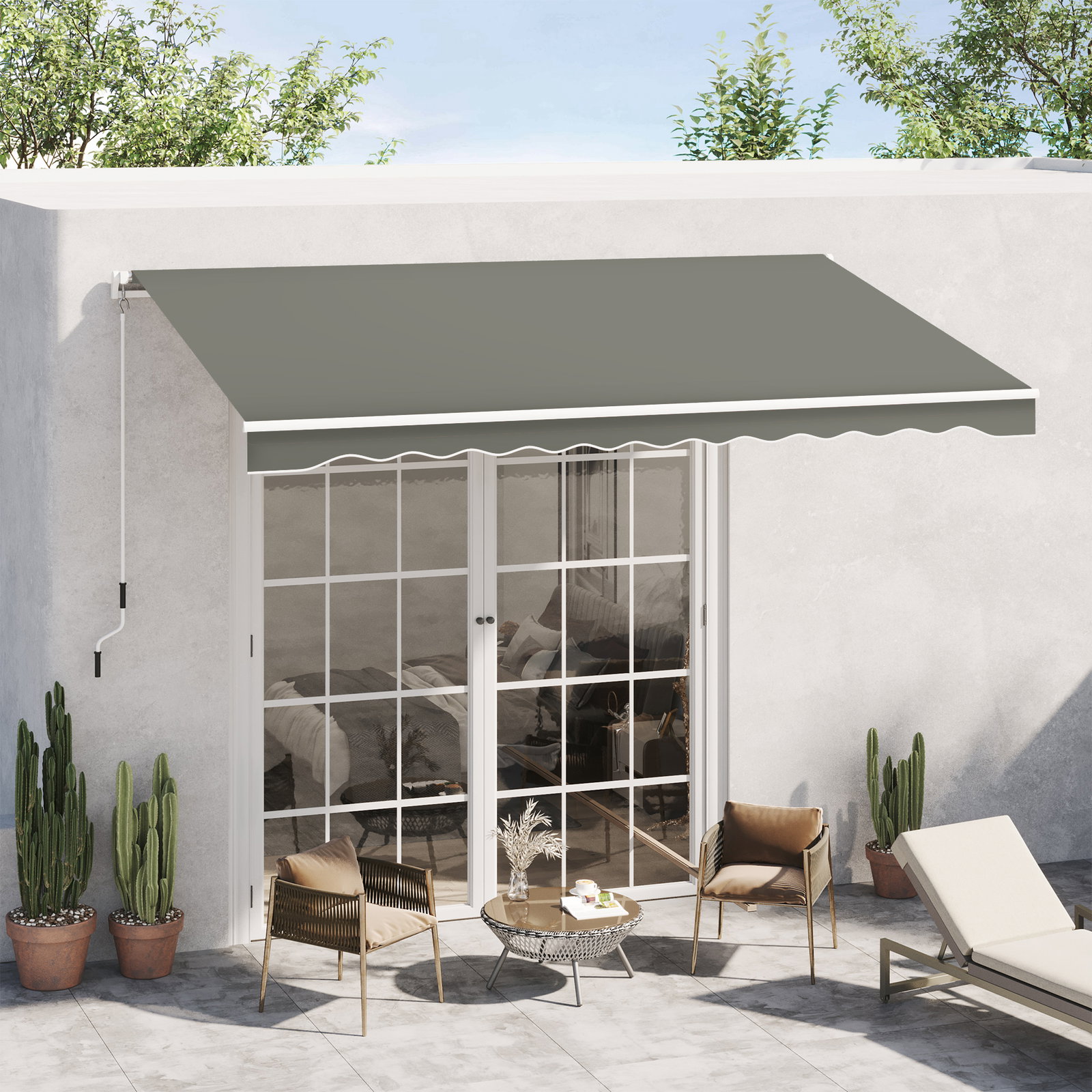 Toldo manual retrátil 350x250 cm para varanda com manivela de metal impermeável e anti-UV para jardim terraço janelas cinza