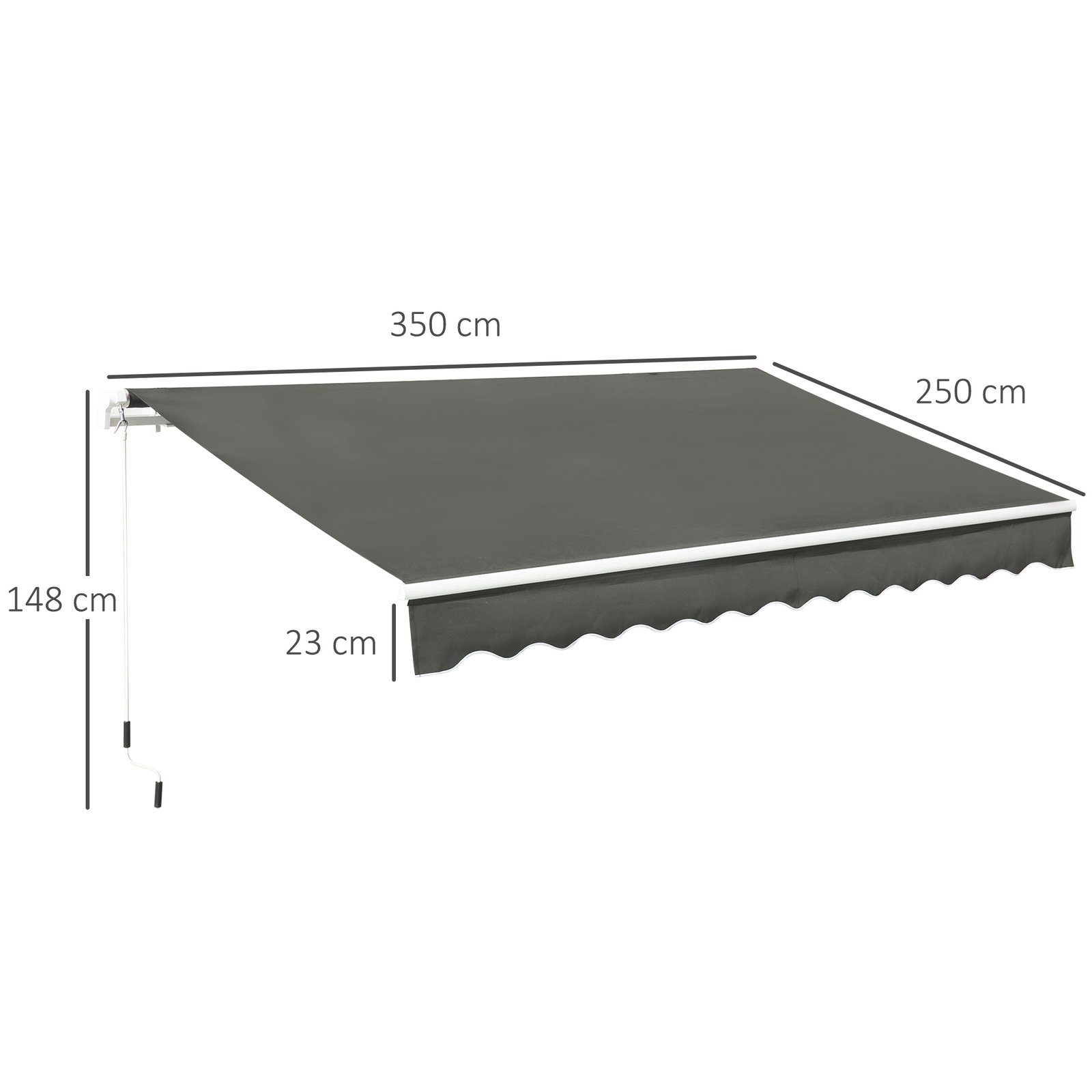 Toldo manual retrátil 350x250 cm para varanda com manivela de metal impermeável e anti-UV para jardim terraço janelas cinza