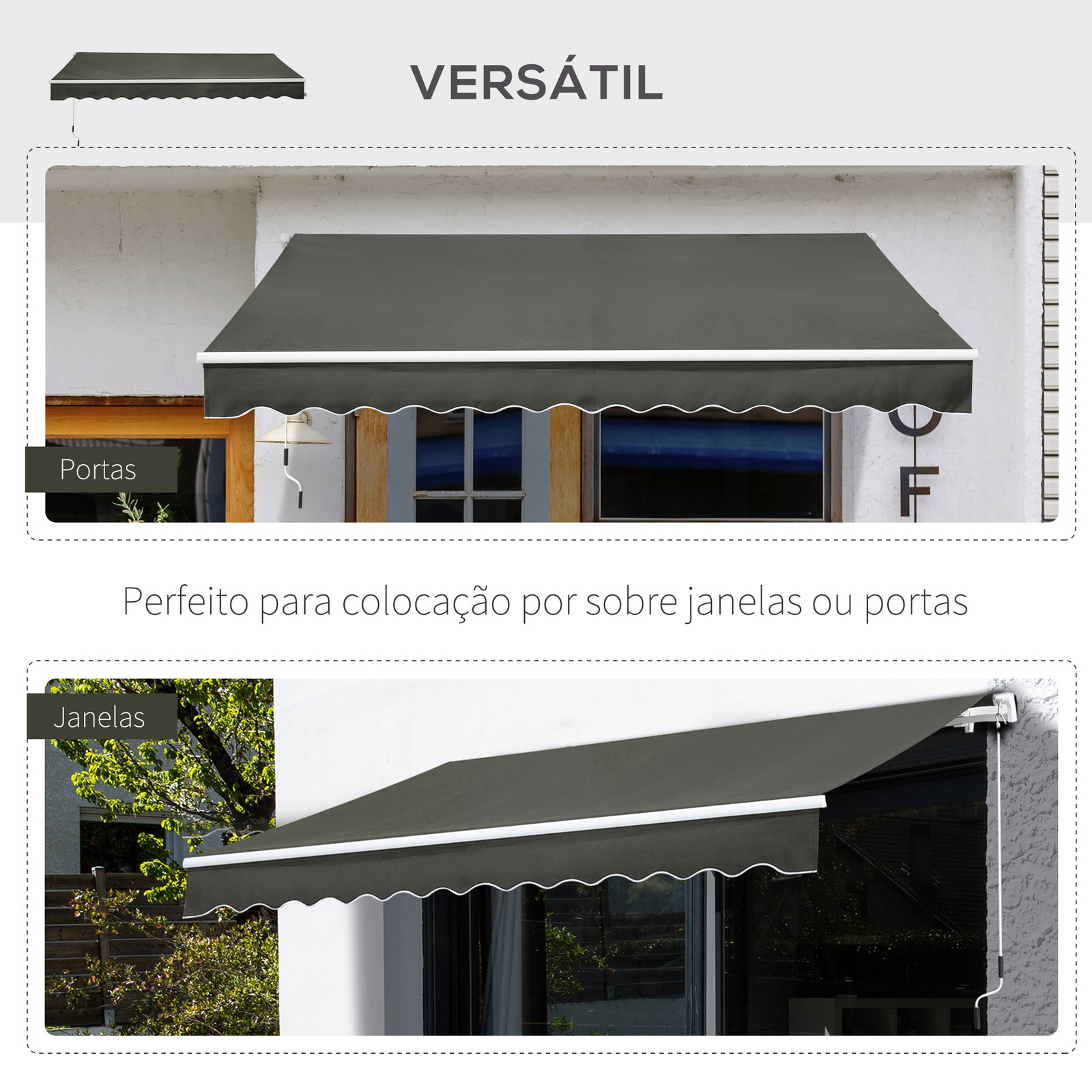Toldo manual retrátil 350x250 cm para varanda com manivela de metal impermeável e anti-UV para jardim terraço janelas cinza
