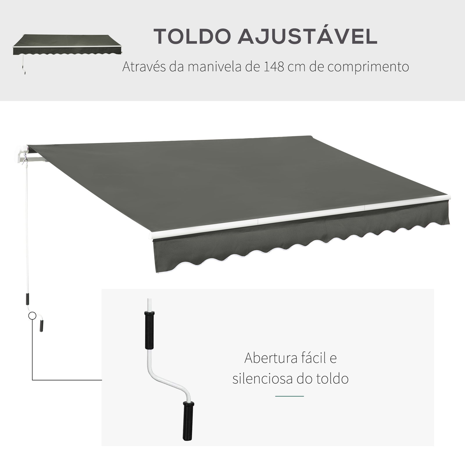 Toldo manual retrátil 350x250 cm para varanda com manivela de metal impermeável e anti-UV para jardim terraço janelas cinza