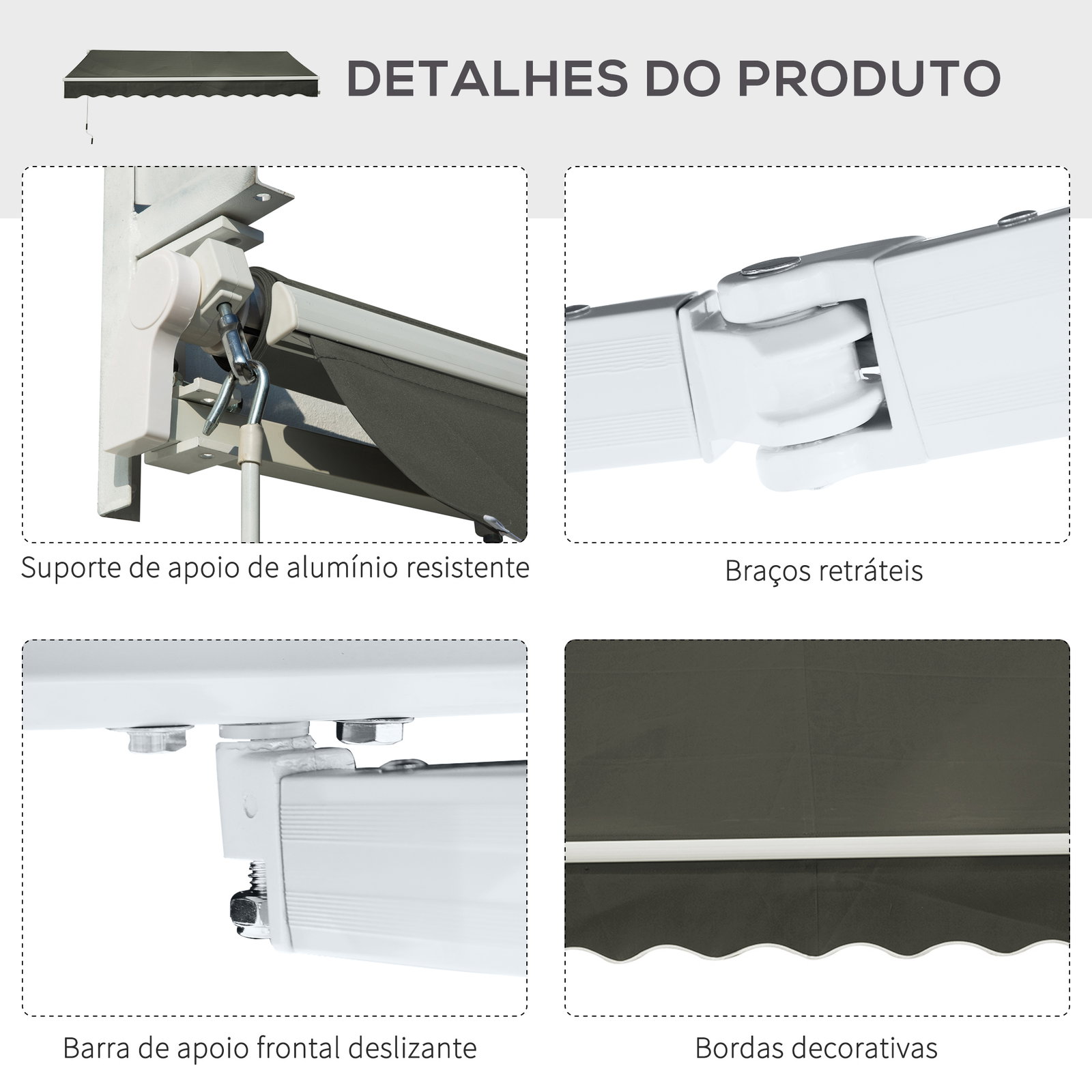 Toldo manual retrátil 350x250 cm para varanda com manivela de metal impermeável e anti-UV para jardim terraço janelas cinza