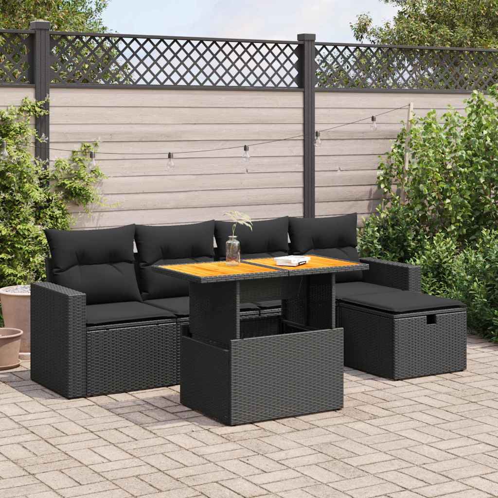 6 Pcs conjunto sofás jardim c/ almofadões vime PE/acácia preto