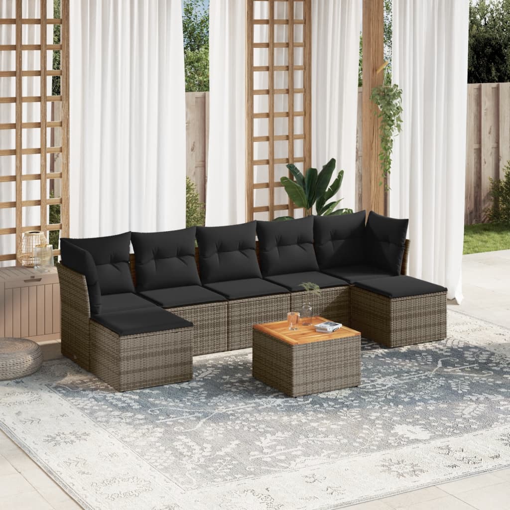 8 Pcs conjunto sofás de jardim c/ almofadões vime PE cinzento