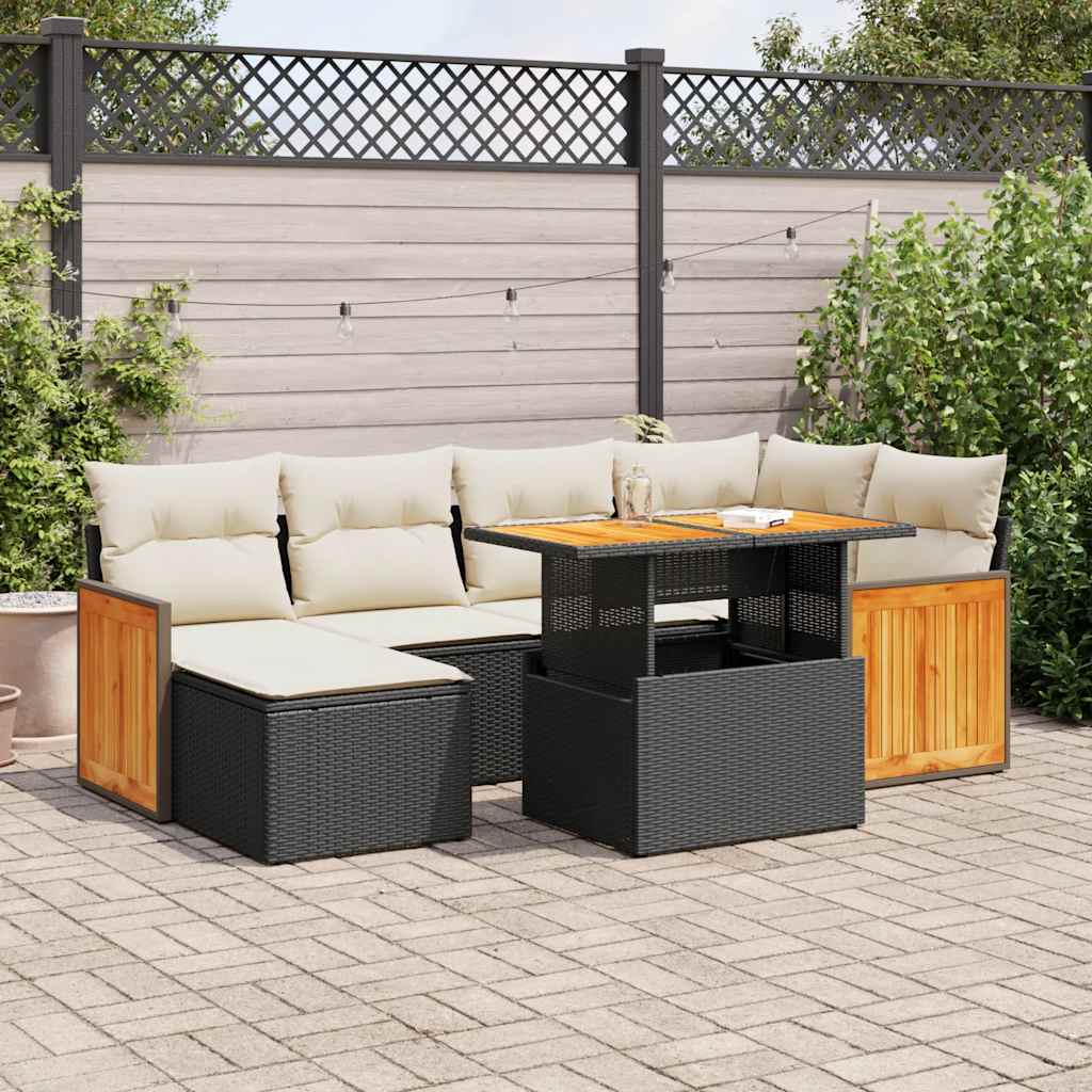 7 Pcs conjunto sofás jardim c/ almofadões vime PE/acácia preto