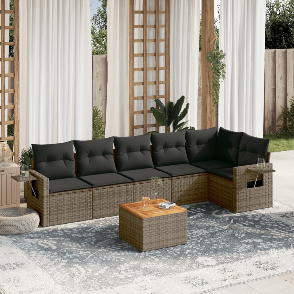 7 Pcs conjunto sofás p/ jardim c/ almofadões vime PE cinzento