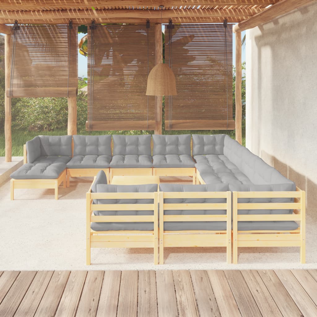 13 Pcs conjunto lounge de jardim c/ almofadões cinza pinho