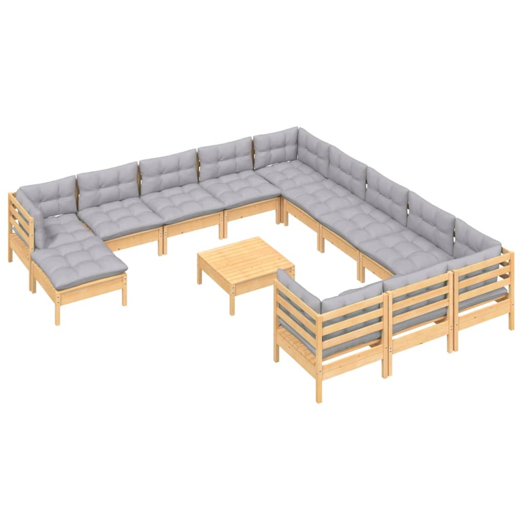 13 Pcs conjunto lounge de jardim c/ almofadões cinza pinho