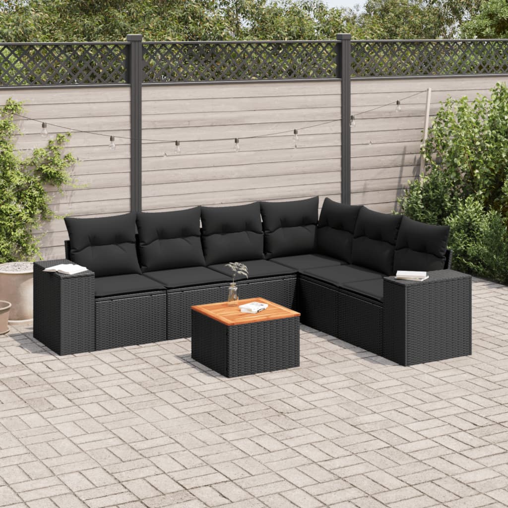 7 Pcs conjunto de sofás p/ jardim c/ almofadões vime PE preto