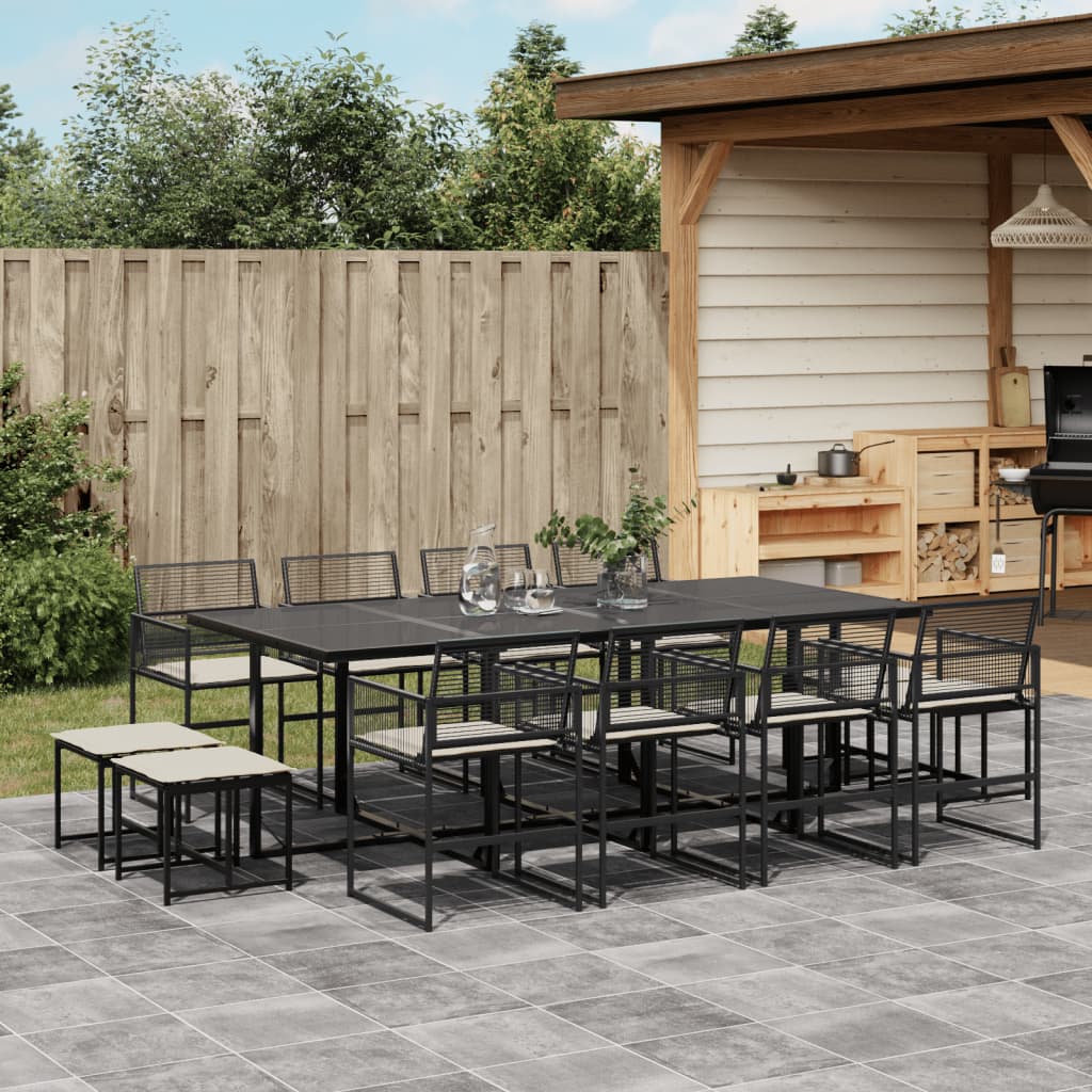 13 Pcs conjunto de jantar p/jardim com almofadões vime PE preto